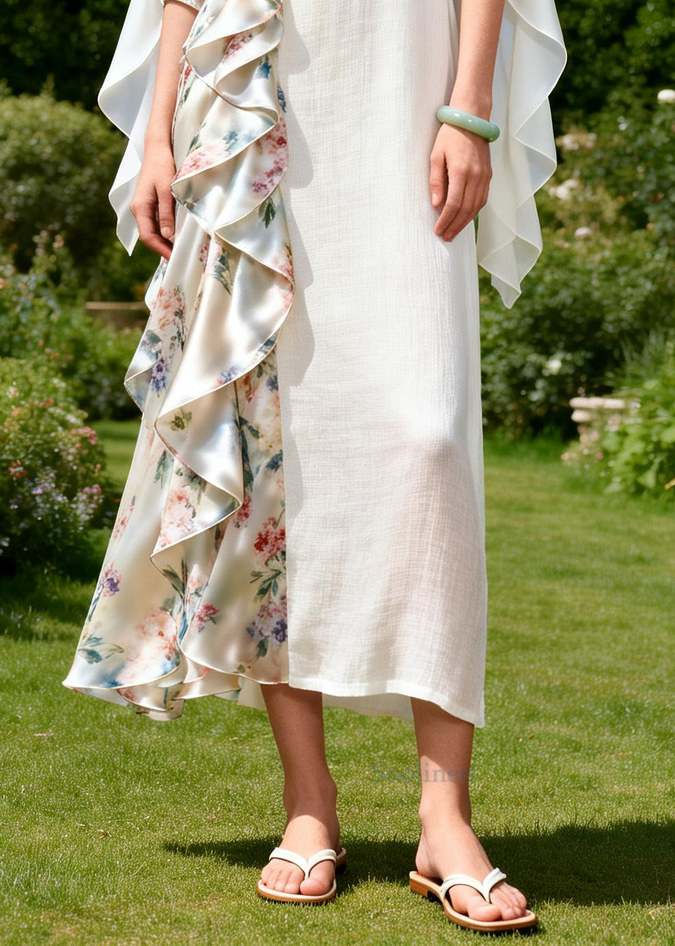 Beautiful White Asymmetrical Patchwork Ruffles Cotton Dress Summer