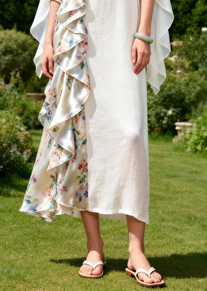 Beautiful White Asymmetrical Patchwork Ruffles Cotton Dress Summer