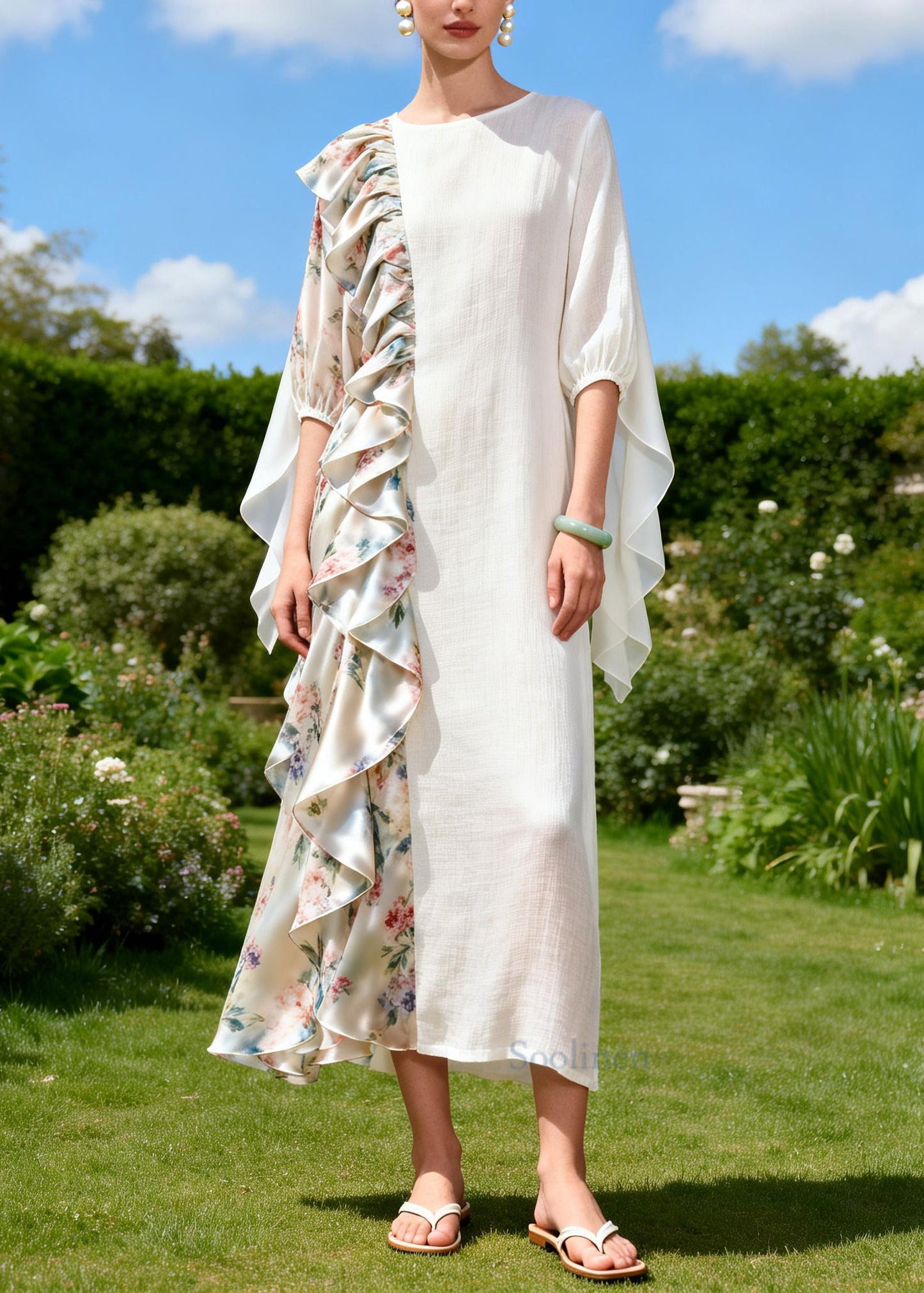 Beautiful White Asymmetrical Patchwork Ruffles Cotton Dress Summer