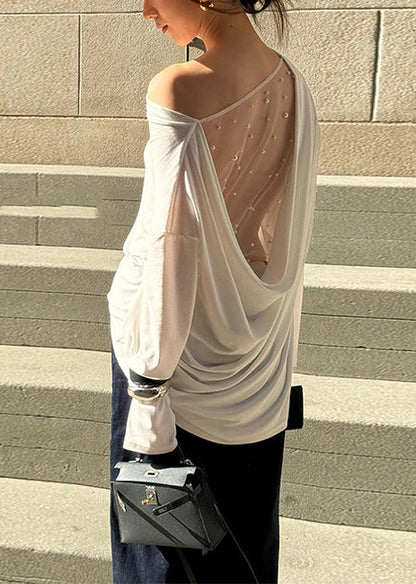 Beautiful White Backless Patchwork Tulle Shirt Top Summer