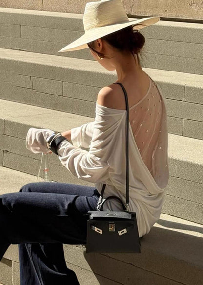 Beautiful White Backless Patchwork Tulle Shirt Top Summer