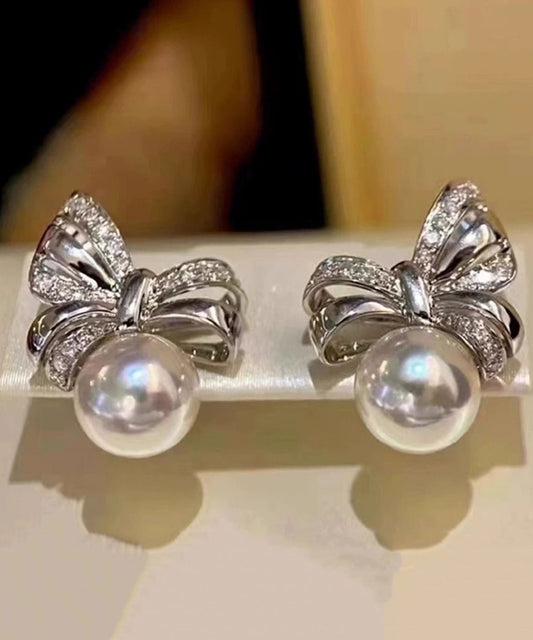 Beautiful White Bow Pearl Silver Stud Earrings