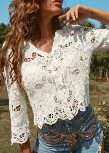 Beautiful White Button Down Hollow Out Lace Blouses Summer