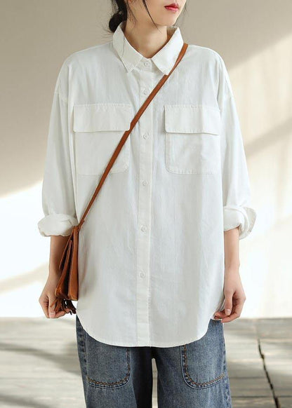 Beautiful White Clothes For Women Lapel Pockets Silhouette Spring Shirts - SooLinen