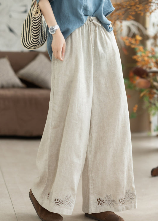 Beautiful White Embroidered Elastic Waist Linen Straight Pants Summer