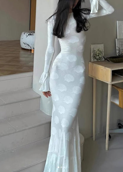 Beautiful White O Neck Backless Lace Up Silk Dress Flare Sleeve