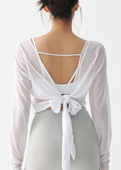 Beautiful White O-Neck Backless Tie Waist Thin Yoga Top