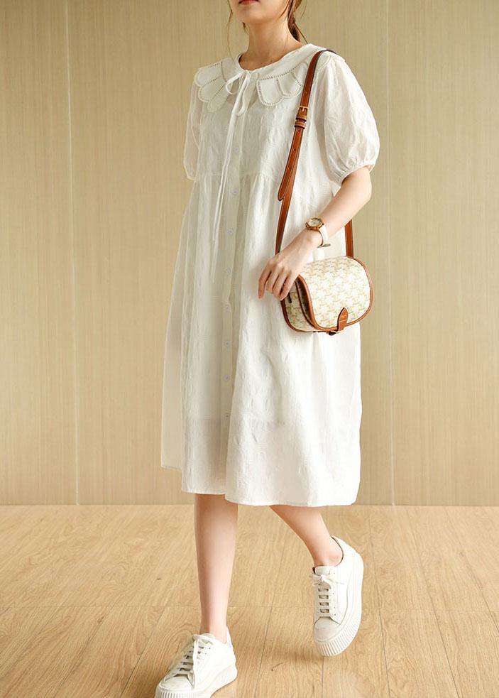 Beautiful White O-Neck Jacquard Summer Cotton Party Dresses Short Sleeve - SooLinen