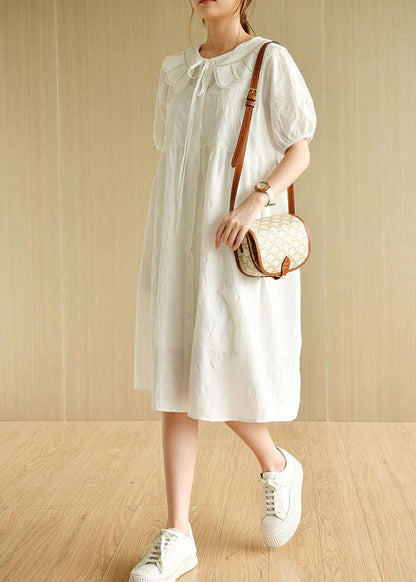 Beautiful White O-Neck Jacquard Summer Cotton Party Dresses Short Sleeve - SooLinen