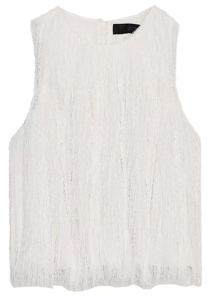 Beautiful White O-Neck Tassel Blouses Summer