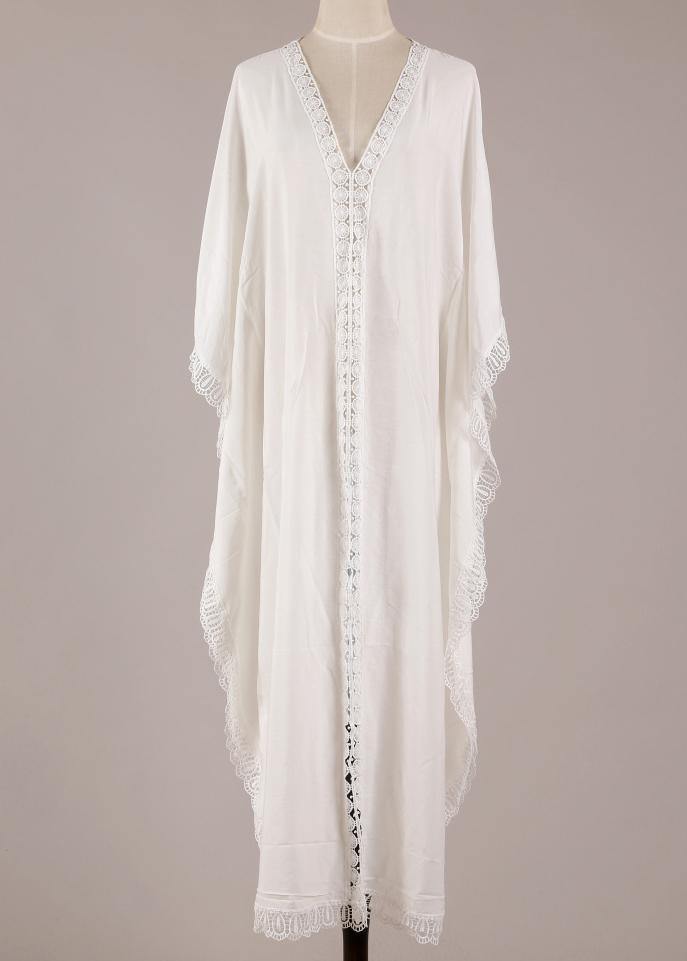 Beautiful White Patchwork Hollow Outkimono robe Summer Maxi Dress - SooLinen