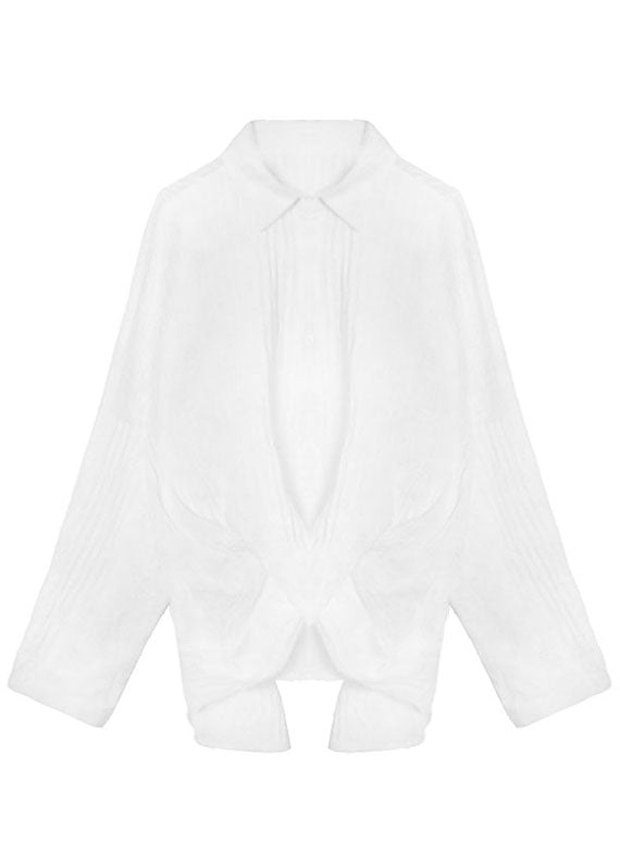 Wunderschöne weiße PeterPan-Kragenknopf-asymmetrisches Design Herbst Langarm Bluse Tops