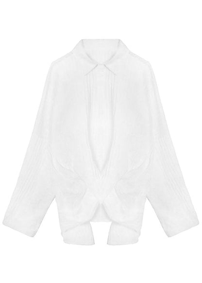 Wunderschöne weiße PeterPan-Kragenknopf-asymmetrisches Design Herbst Langarm Bluse Tops