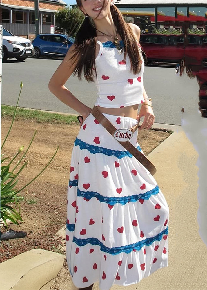Beautiful White Print Vest And Maxi Skirts Two Pieces Set Summer