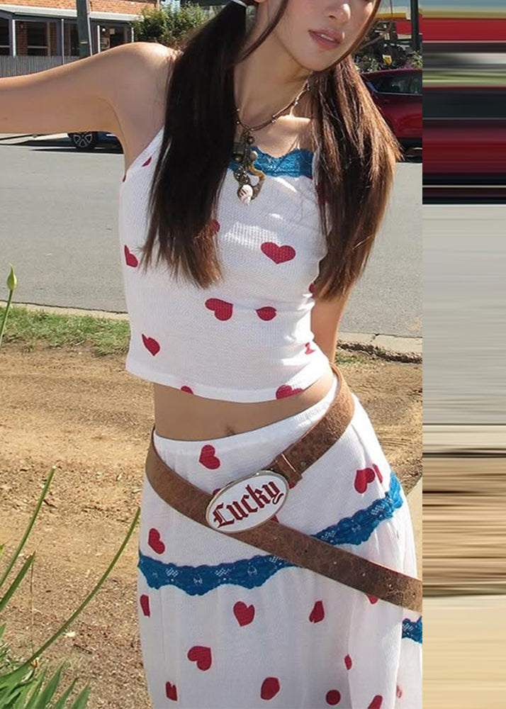 Beautiful White Print Vest And Maxi Skirts Two Pieces Set Summer