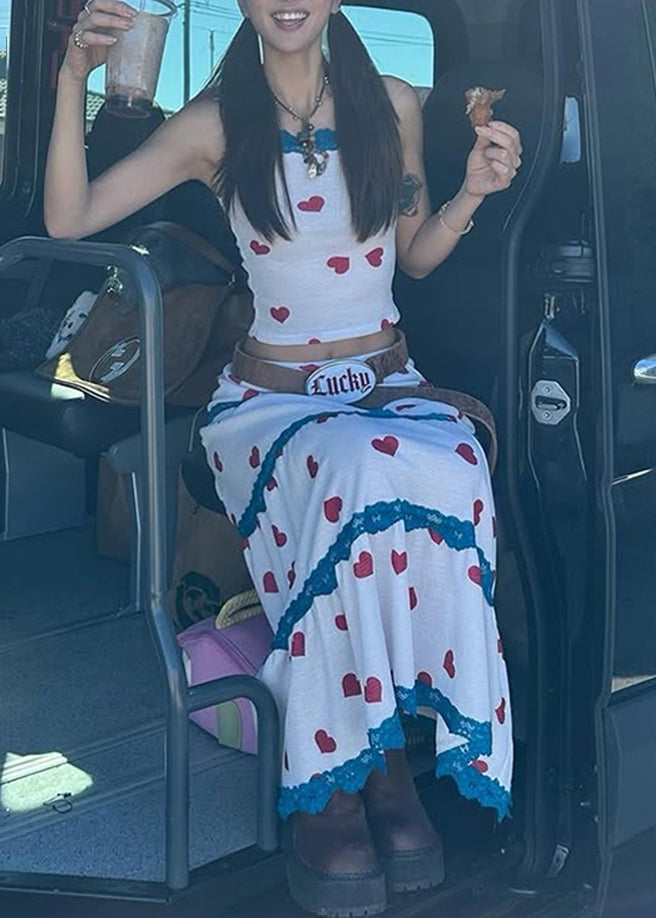 Beautiful White Print Vest And Maxi Skirts Two Pieces Set Summer