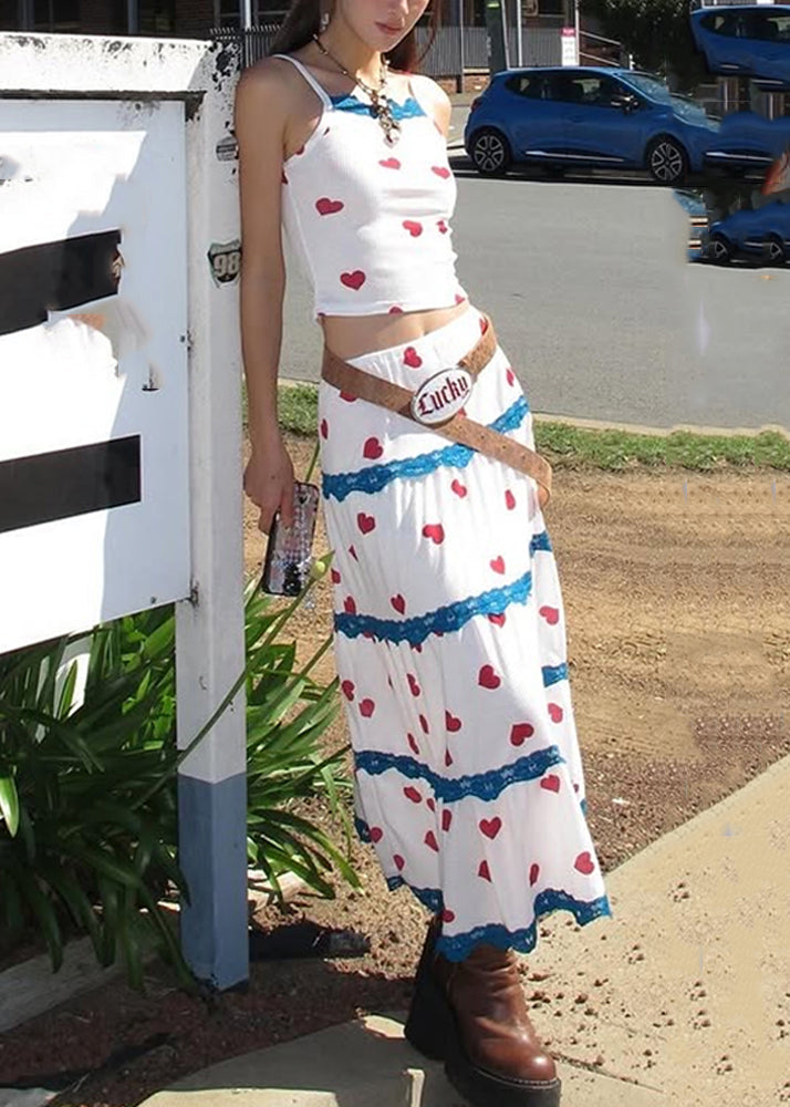 Beautiful White Print Vest And Maxi Skirts Two Pieces Set Summer