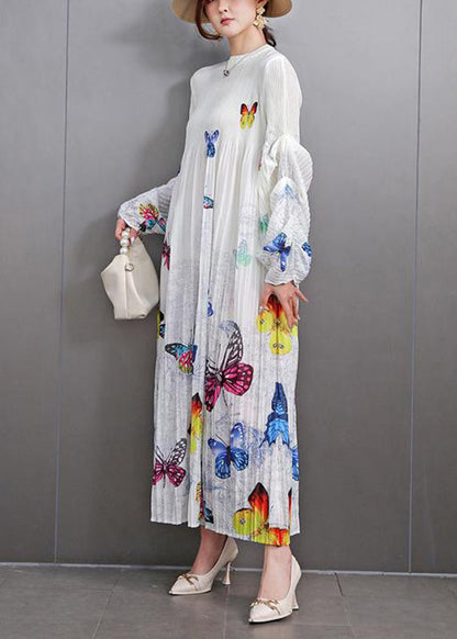 Beautiful White Print Wrinkled Long Dress Fall