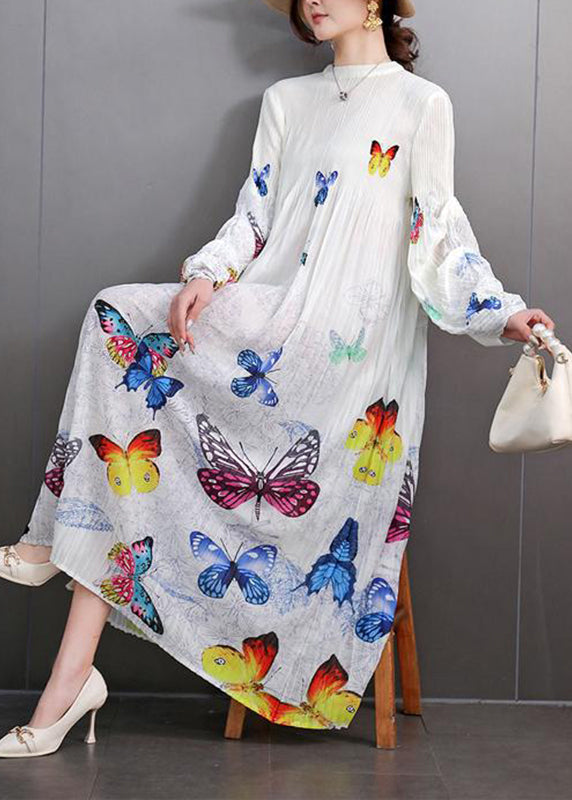 Beautiful White Print Wrinkled Long Dress Fall