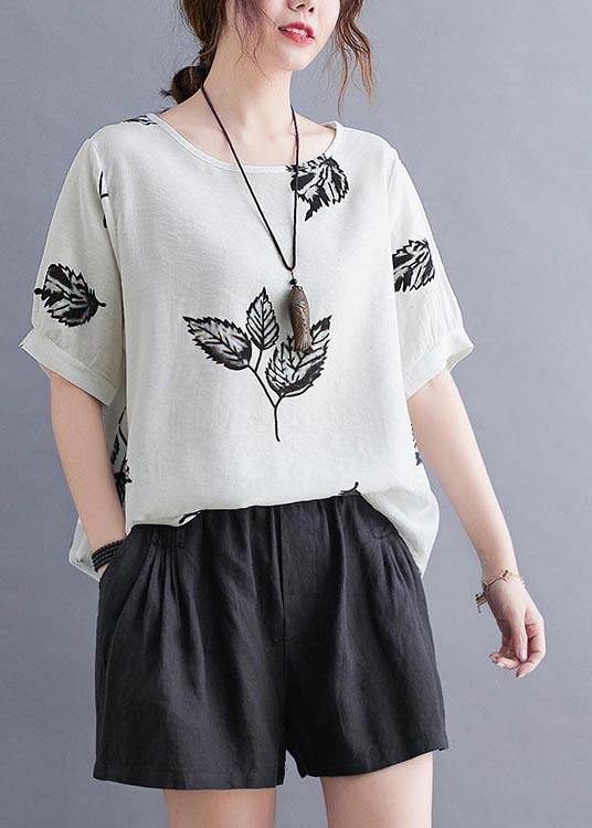 Beautiful White Print leaf Shirt Tops Summer Cotton Linen - SooLinen
