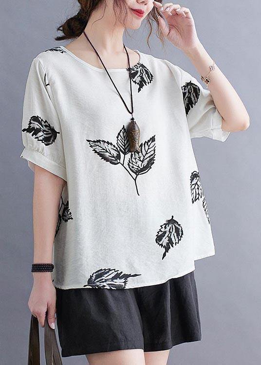 Beautiful White Print leaf Shirt Tops Summer Cotton Linen - SooLinen