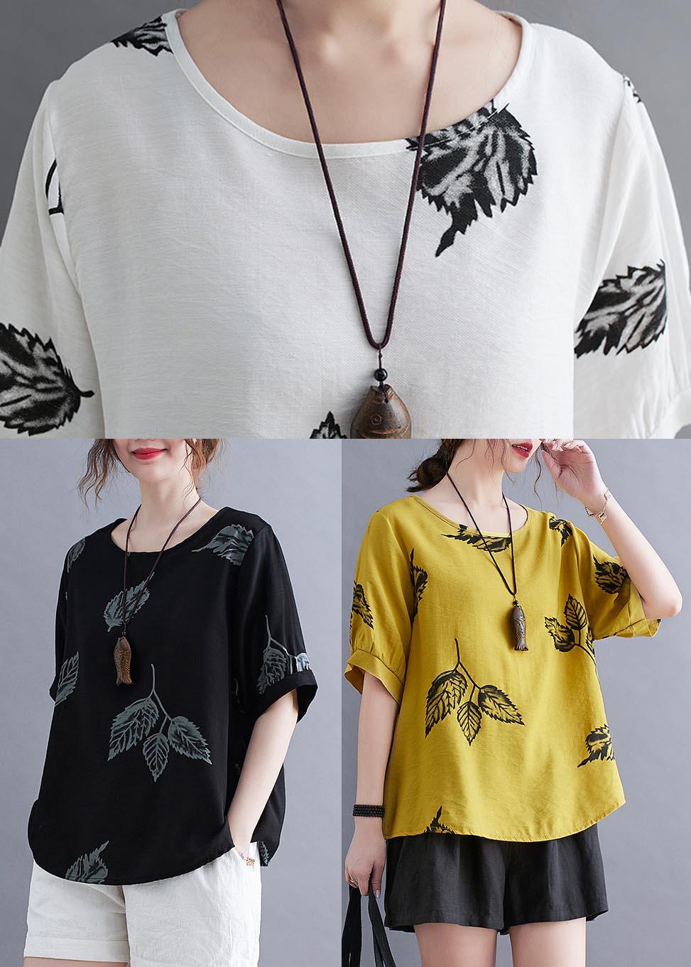 Beautiful White Print leaf Shirt Tops Summer Cotton Linen - SooLinen