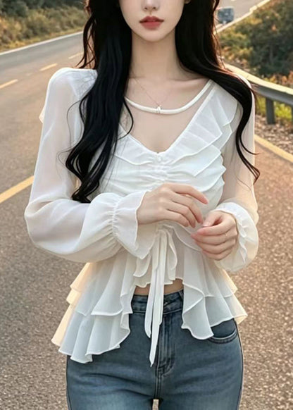 Beautiful White Ruffled Drawstring Chiffon Shirt Tops Puff Sleeve
