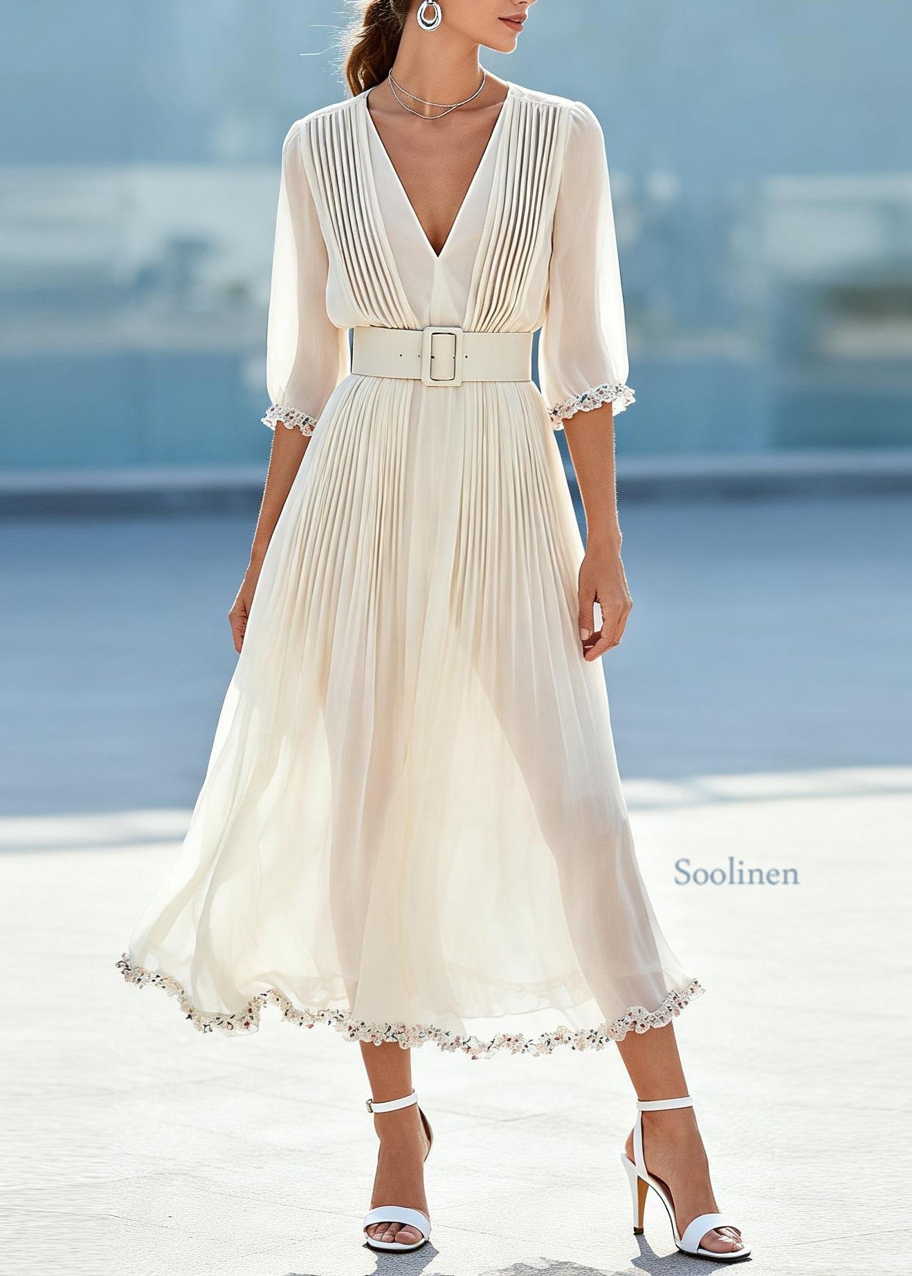 Beautiful White Ruffled Floral Chiffon Maxi Dresses Summer