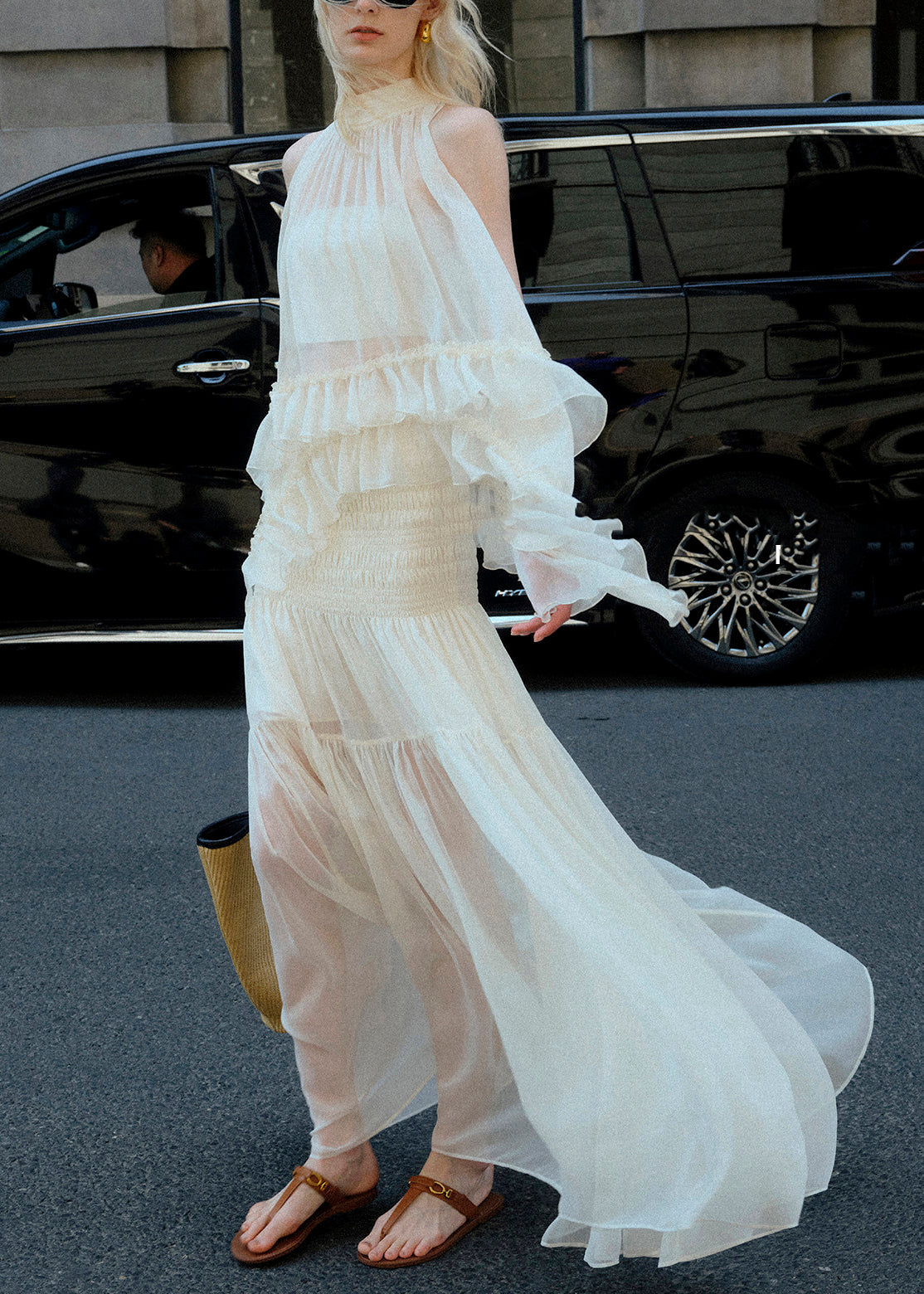 Beautiful White Ruffled Patchwork Chiffon Two Pieces Set Sleeveless