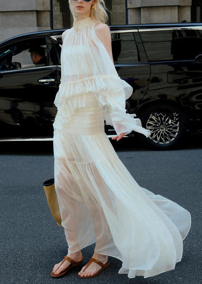 Beautiful White Ruffled Patchwork Chiffon Two Pieces Set Sleeveless