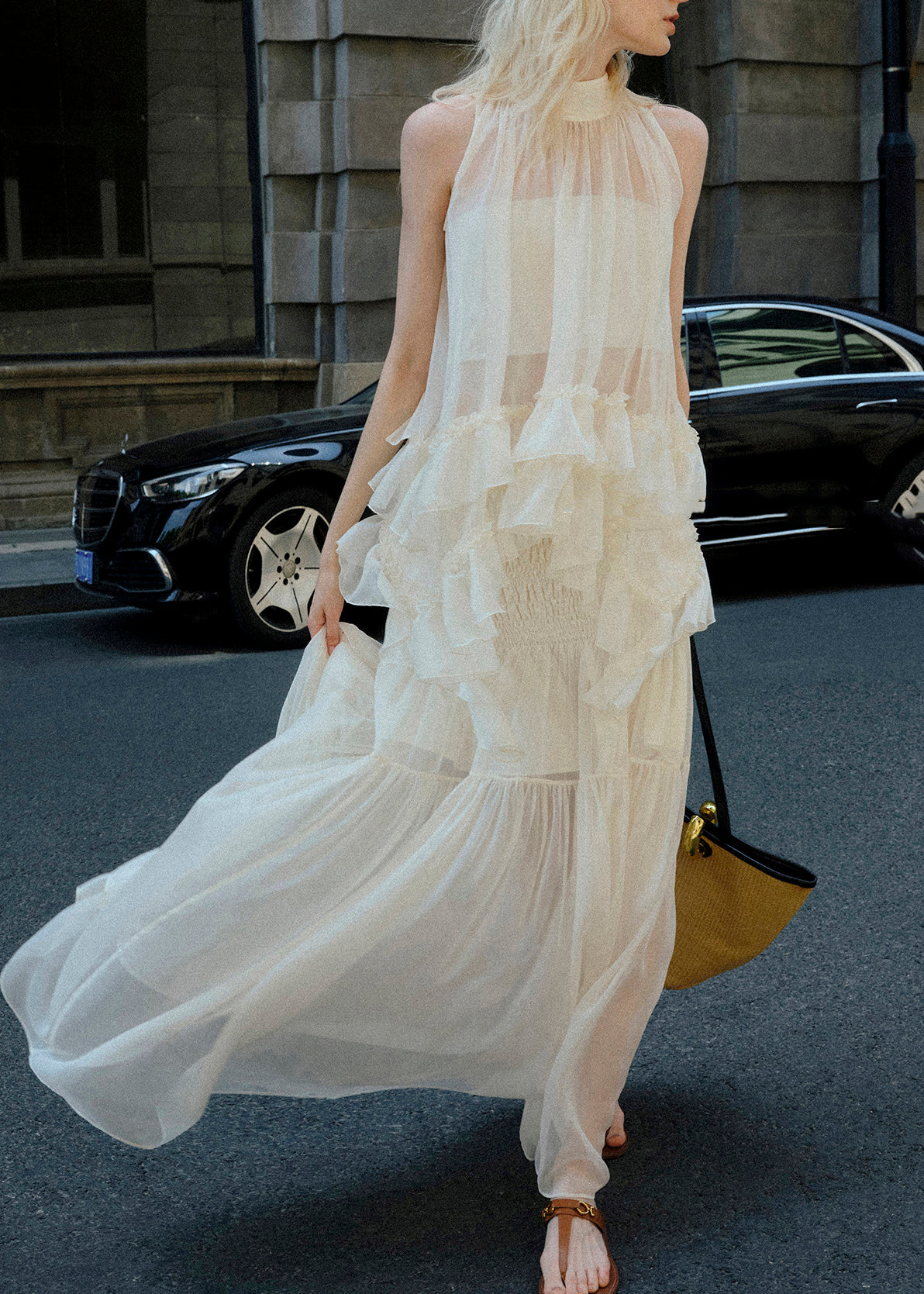 Beautiful White Ruffled Patchwork Chiffon Two Pieces Set Sleeveless