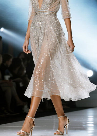 Beautiful White Sequins Hollow Out Tulle Party Dresses Summer