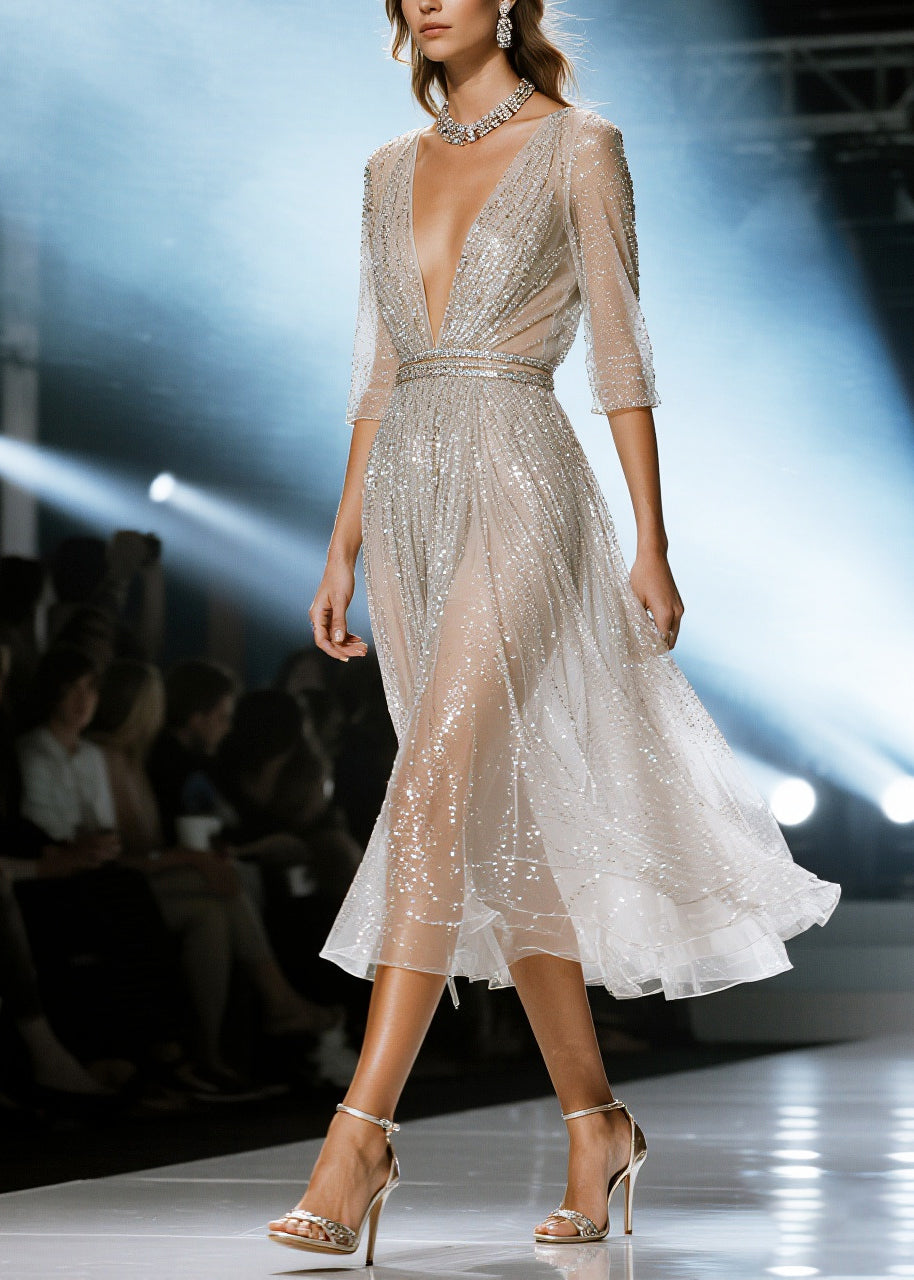 Beautiful White Sequins Hollow Out Tulle Party Dresses Summer