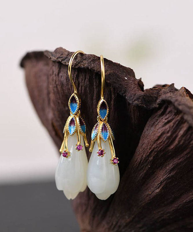 Hermosos aretes colgantes de orquídea y jade cloisonné con incrustaciones de plata esterlina blanca dorada