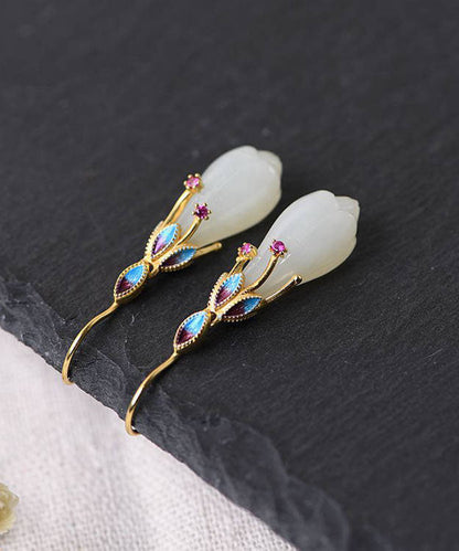 Hermosos aretes colgantes de orquídea y jade cloisonné con incrustaciones de plata esterlina blanca dorada