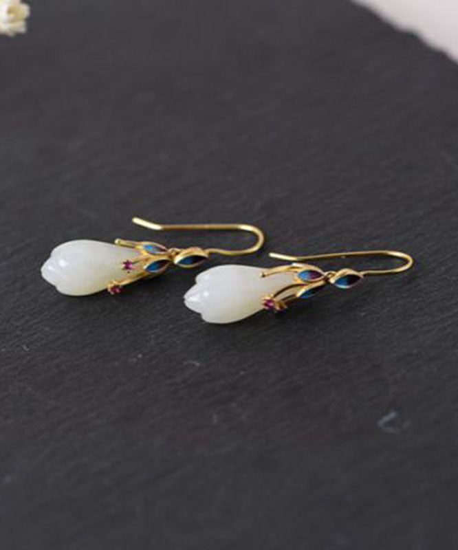 Hermosos aretes colgantes de orquídea y jade cloisonné con incrustaciones de plata esterlina blanca dorada