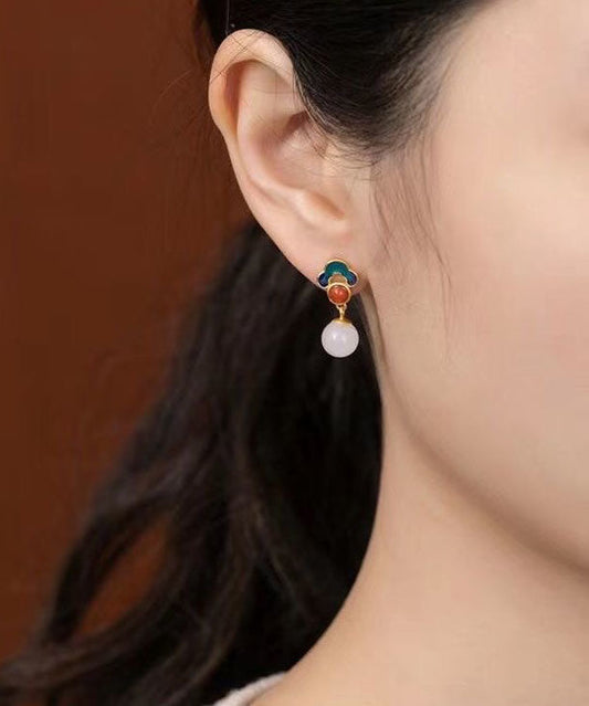 Wunderschöne weiße Sterling Silber Overgild Jade Achat Emaille Glücksbringer Wolke Tropfen Ohrringe