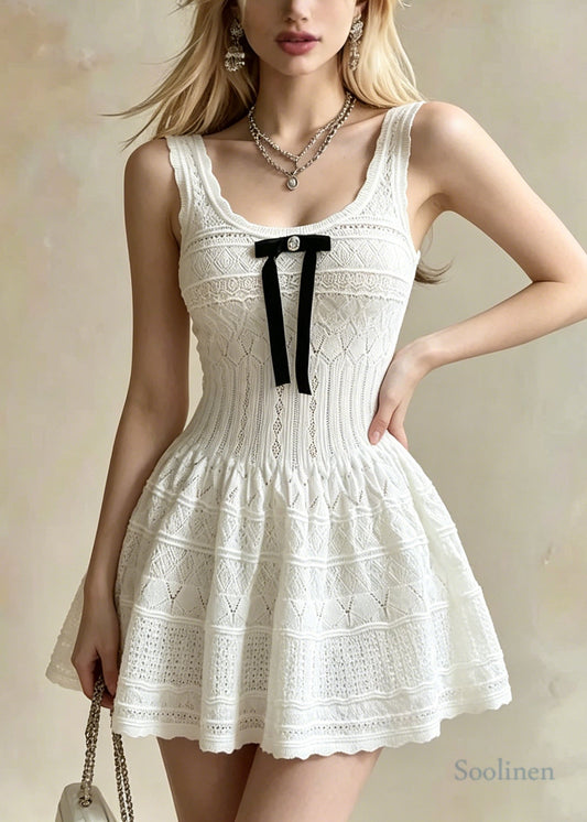 Beautiful White U Neck Bow Knit Mini Dress Summer
