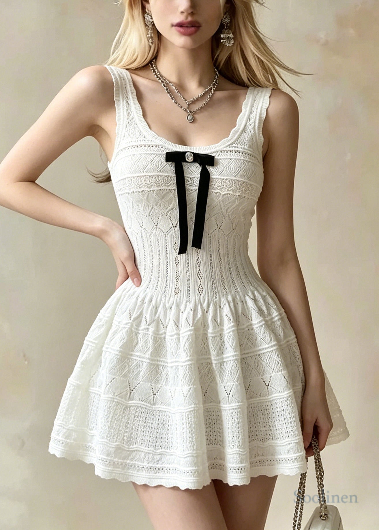 Beautiful White U Neck Bow Knit Mini Dress Summer