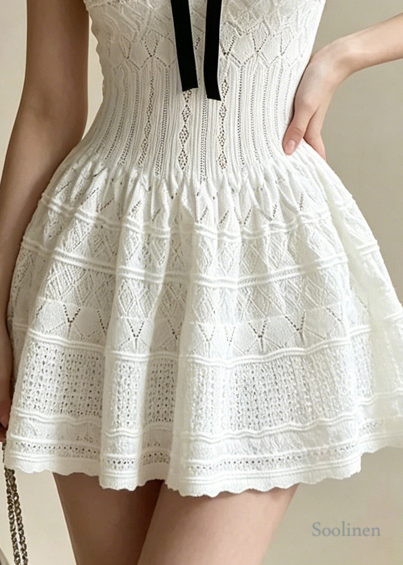 Beautiful White U Neck Bow Knit Mini Dress Summer