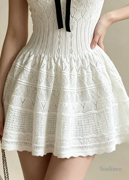 Beautiful White U Neck Bow Knit Mini Dress Summer