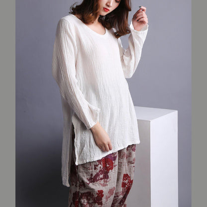 Beautiful White U Neck low high design Linen Shirt Spring - SooLinen
