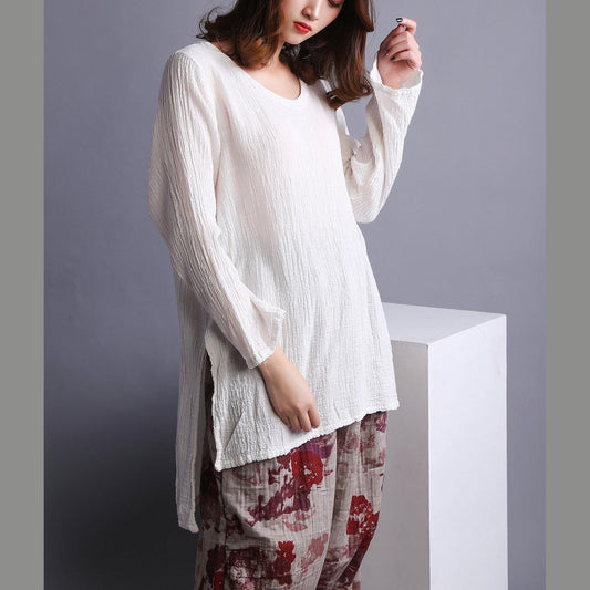 Beautiful White U Neck low high design Linen Shirt Spring - SooLinen