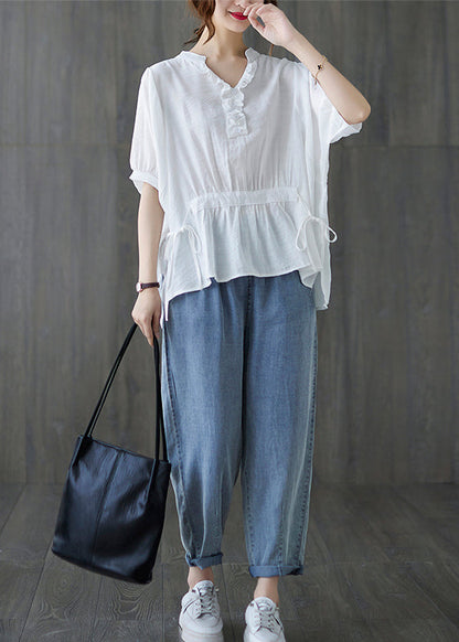 Schöne weiße V-Ausschnitt Kordelzug Rüschen Tank Tops Kurzarm