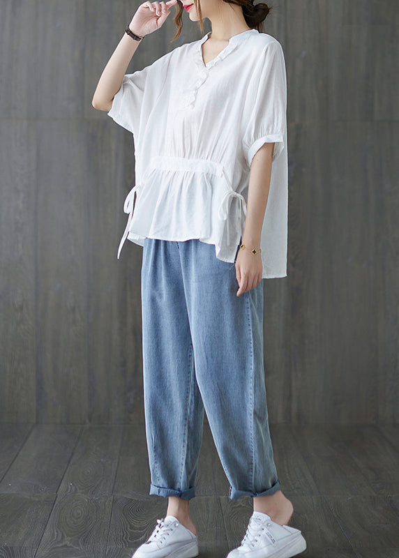 Schöne weiße V-Ausschnitt Kordelzug Rüschen Tank Tops Kurzarm