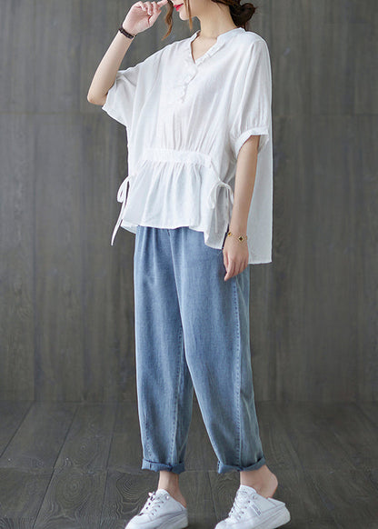 Schöne weiße V-Ausschnitt Kordelzug Rüschen Tank Tops Kurzarm