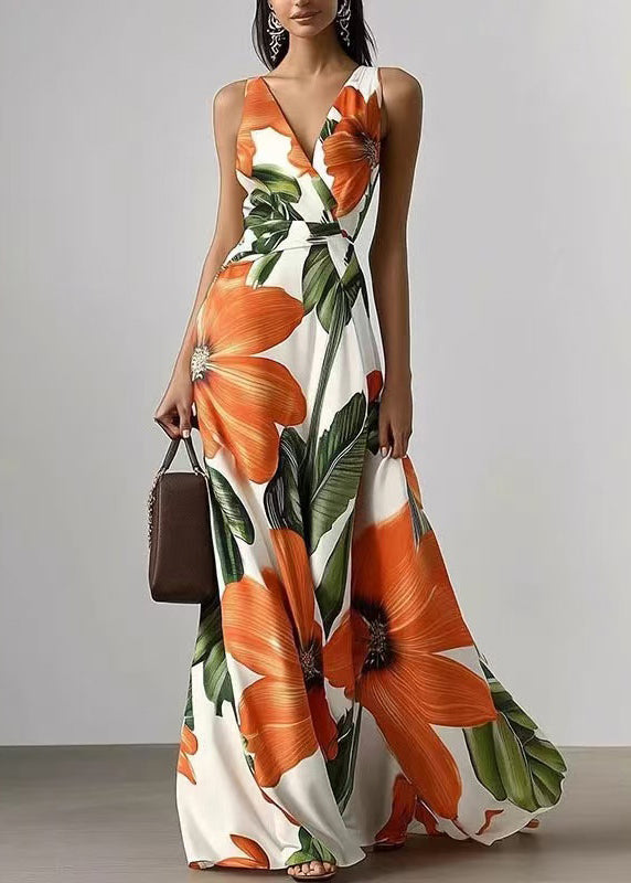Beautiful White V Neck Exra Large Hem Print Holiday Dress Sleeveless