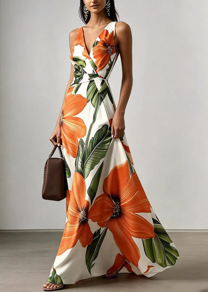 Beautiful White V Neck Exra Large Hem Print Holiday Dress Sleeveless