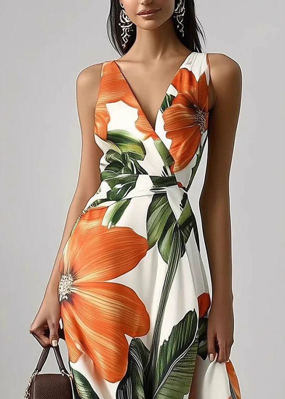 Beautiful White V Neck Exra Large Hem Print Holiday Dress Sleeveless