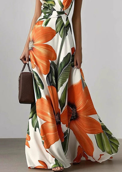 Beautiful White V Neck Exra Large Hem Print Holiday Dress Sleeveless